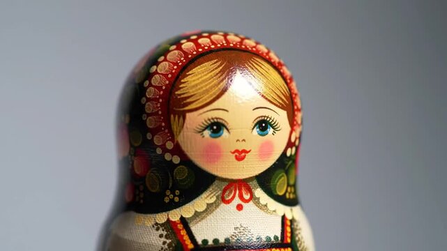 Close-up of a hand-painted nesting doll with a colorful patterned headscarf, a sweet face, and a neutral background