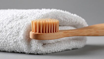 Bamboo toothbrush resting against a white towel