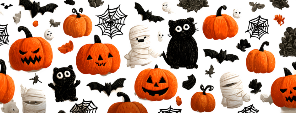 Wide pattern of mummy bandages, pumpkins, bats, and cobwebs, isolated on white