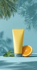 Yellow tube of sunscreen or lotion, beside orange slice, teal background with palm leaves shadows