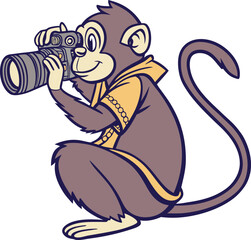 Playful monkey with a vintage camera capturing a vibrant scene