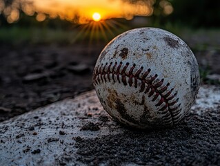 A weathered baseball rests on a dusty field under a glowing sunset.