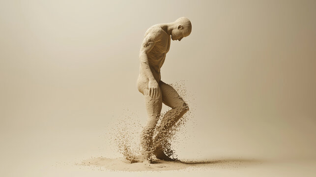 Human figure emerging from sand against a smooth neutral background