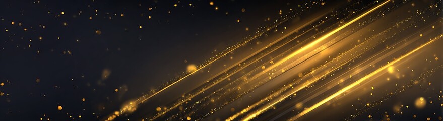 Luxurious abstract black background featuring three dynamic, diagonal golden light rays crossing the frame, accented by glowing particles and bokeh, ideal for awards, celebration, or New Year banners.