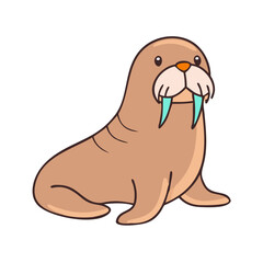 Obraz premium Cartoon walrus with big tusks sitting and looking cute isolated on white