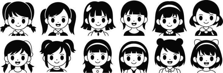 Cartoon girl illustration, black and white sketch, diverse hairstyle, smiling face, character design, cute expression, headband, bow, simple line art