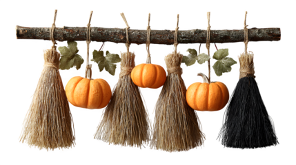 Witch broom wall hanging with mini pumpkins attached, isolated on white background