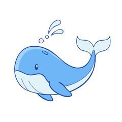 Obraz premium Cute cartoon blue whale character spouting water on a white background