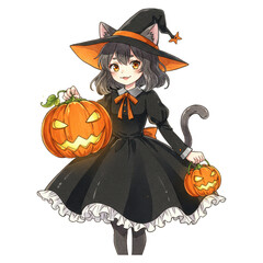 Young anime girl dressed as a cat witch holding carved pumpkins isolate