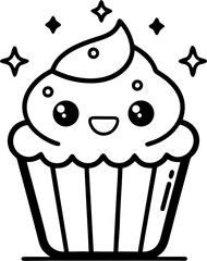 Cupcake happy with glowing eyes and cute sparkles line art vector icon