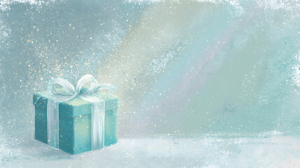 A magical, brightly glowing gift box, outlined in fiery orange and red light, sits on a dark, textured surface with blue undertones, surrounded by contrasting red and blue holiday bokeh lights.