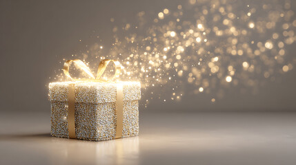 A magical, brightly glowing gift box, outlined in fiery orange and red light, sits on a dark, textured surface with blue undertones, surrounded by contrasting red and blue holiday bokeh lights.