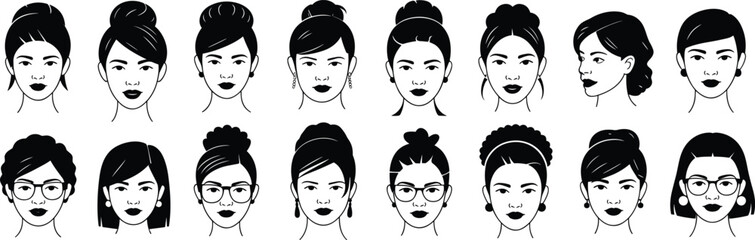 Female face illustration, diverse hairstyle, black silhouette, fashion sketch, character design, beauty concept, glasses, earrings, white background, vector art