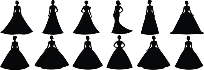 Formal gown silhouette, elegant dress design, fashion illustration, black figure, evening wear, stylish woman, bridal style, white background, vector art