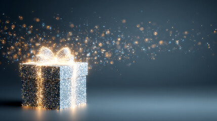 An elegant, sparkling silver gift box with a golden ribbon stands on a muted blue background, with magical golden particles bursting upwards and ample copy space on the right for text or greetings