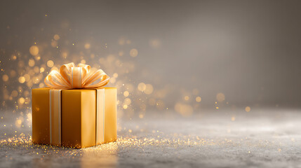 An elegant, sparkling silver gift box with a golden ribbon stands on a muted blue background, with magical golden particles bursting upwards and ample copy space on the right for text or greetings