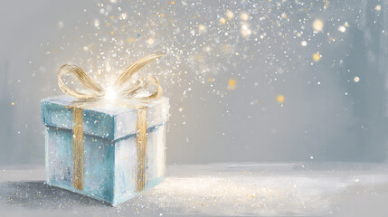 An elegant, sparkling silver gift box with a golden ribbon stands on a muted blue background, with magical golden particles bursting upwards and ample copy space on the right for text or greetings