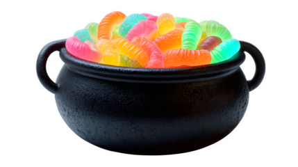 Witch cauldron candy bucket with neon glowing gummy worms, isolated on white background