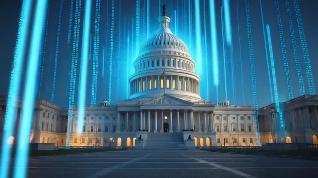 Digital neon data streams over United States Capitol building dome at night symbolizing government technology, cyber security, and information systems