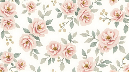 Delicate Pink Floral Pattern with Green Leaves Background