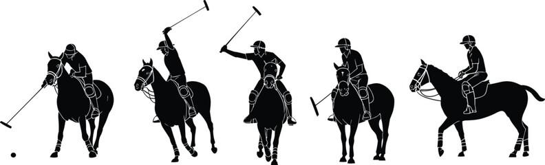 Polo player silhouette, horse riding action, sports illustration, black figure, mallet pose, team sport, white background, vector art, dynamic motion