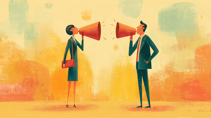 Two people, a man and a woman, stand face-to-face against a split-color textured background (red and yellow) and communicate loudly using megaphones, symbolizing disagreement, communication barriers, 