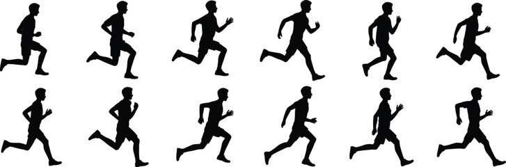 Running motion silhouette, human biomechanics, athletic movement, black figure, sports science, physical activity, animation frame, exercise pose, white background,