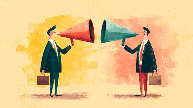 Two people, a man and a woman, stand face-to-face against a split-color textured background (red and yellow) and communicate loudly using megaphones, symbolizing disagreement, communication barriers, 
