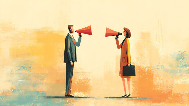 Two people, a man and a woman, stand face-to-face against a split-color textured background (red and yellow) and communicate loudly using megaphones, symbolizing disagreement, communication barriers,  - Powered by Adobe