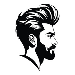 Stylized black and white portrait of a man with a pompadour hairstyle and beard silhouette