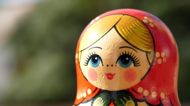 Close-up shot of a painted matryoshka doll featuring bright blue eyes and a smiling expression on a blurred, leafy background
