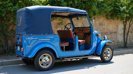 A traditional blue three-wheeled vehicle parked on the road (Tuscany, Italy, Europe)