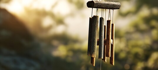 Rustic wooden wind chimes gently swaying in the warm sunlight outdoors
