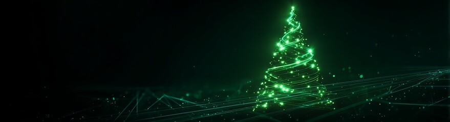 Glowing digital Christmas tree with futuristic neon light effects on a dark background, modern holiday technology concept.