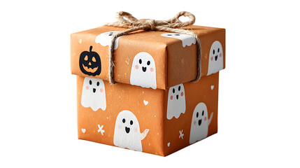 Jack-o-lantern gift box decorated with ghost stickers, isolated on white background