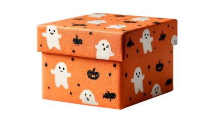 Jack-o-lantern gift box decorated with ghost stickers, isolated on white background