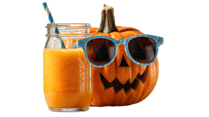 Jack-o-lantern pumpkin sipping potion from a straw, wearing sunglasses, isolated on white
