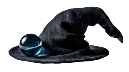 Witch hat centerpiece with glowing crystal ball, isolated on white background