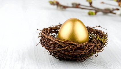 Obraz premium Golden egg in a nest on a white wooden surface