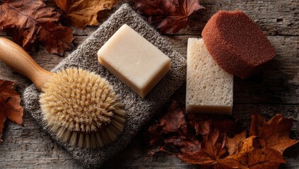 Autumnal bath essentials on weathered wood.  Natural soap bars, a loofah, and a body brush rest amongst fallen autumn leaves