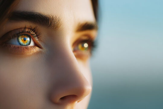 closeup of focused female eyes with soft grey background