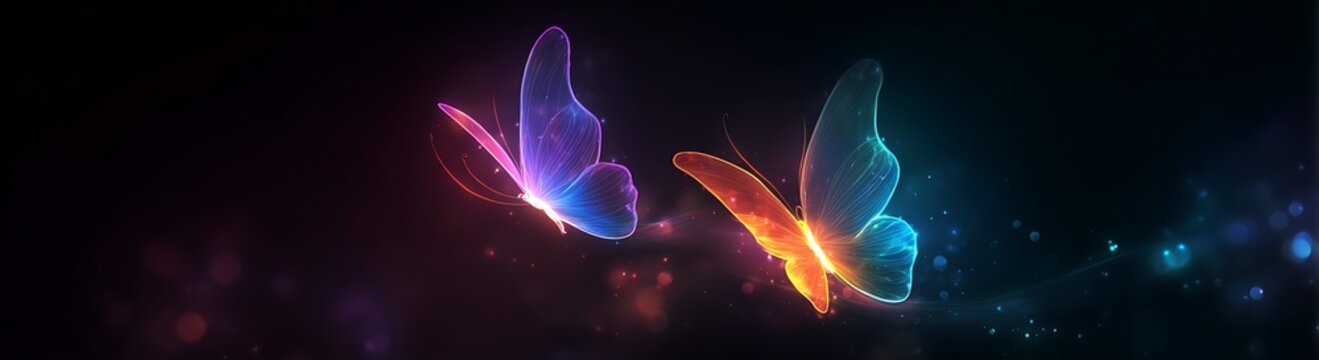 Colorful glowing neon butterflies with light particles on dark fantasy background