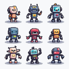 Fototapeta premium Diverse Pixel Art Robots A Collection of Unique Designs