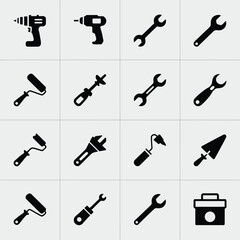 Obraz premium Collection of 16 black vector icons illustrating tools and building supplies scalable for eps files silhouette vector illustration white background