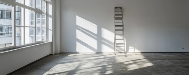 Obraz premium Empty room with a ladder and sunlight casting shadows on the floor.