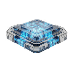 Futuristic Technology:  Advanced Microchip with Glowing Blue Circuits, 3D Render, Sci-Fi Style.
