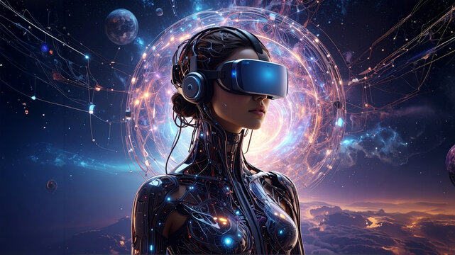 A futuristic woman with bionic enhancements and a virtual reality headset stands against a cosmic backdrop, representing technological immersion and the boundless potential of the metaverse. - Powered by Adobe