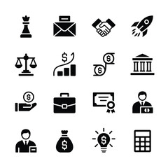 Collection of 16 scalable vector icons representing business finance and strategy concepts silhouette vector illustration white background