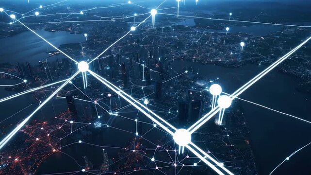 Aerial city skyline with glowing digital network grid overlay connecting bright nodes across buildings and streets in advanced smart urban system - Powered by Adobe