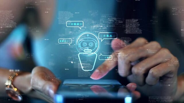 Chat Bot Chat with AI or Artificial Intelligence technology. Woman using phone chatting with an intelligent artificial intelligence asks for the answers he wants. ChatGPT